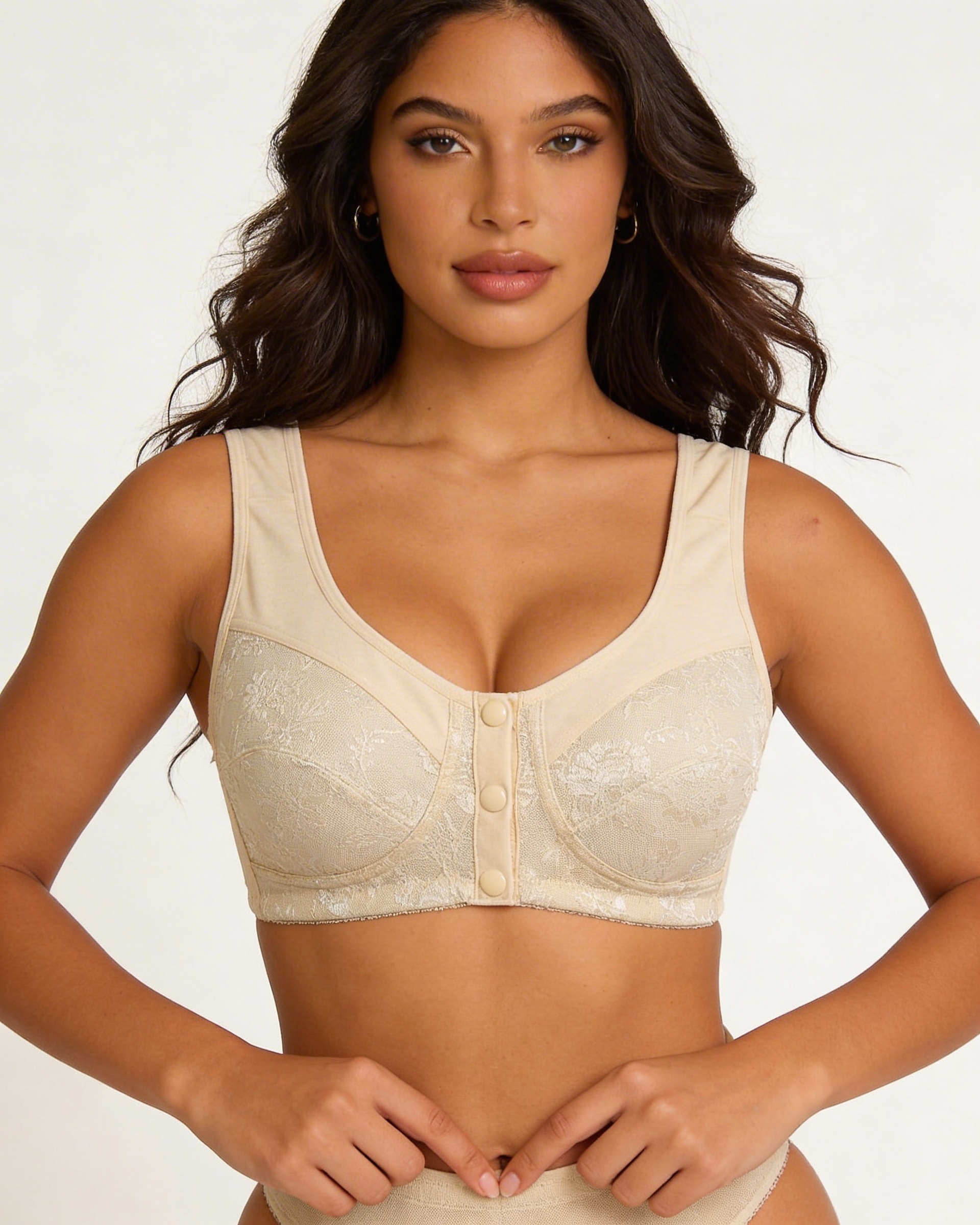 Front Closure Wire Free Bra, Full Coverage Lace Bra with Wide Straps