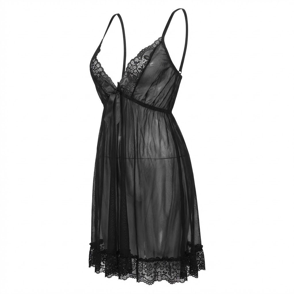 Elegant Black Lace Sheer Babydoll Nightdress