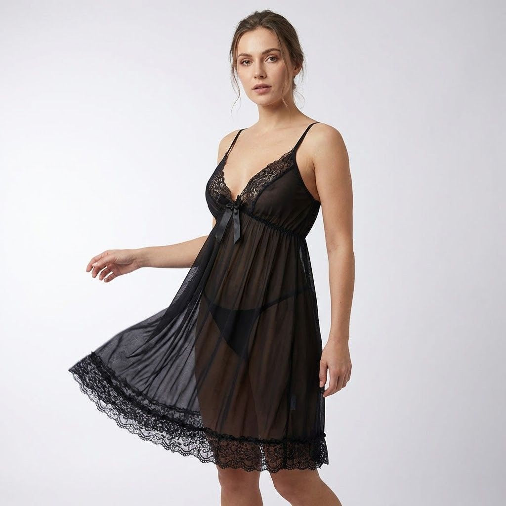 Elegant Black Lace Sheer Babydoll Nightdress