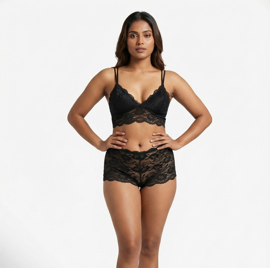 Black Lace Bralette & Boyshort Set