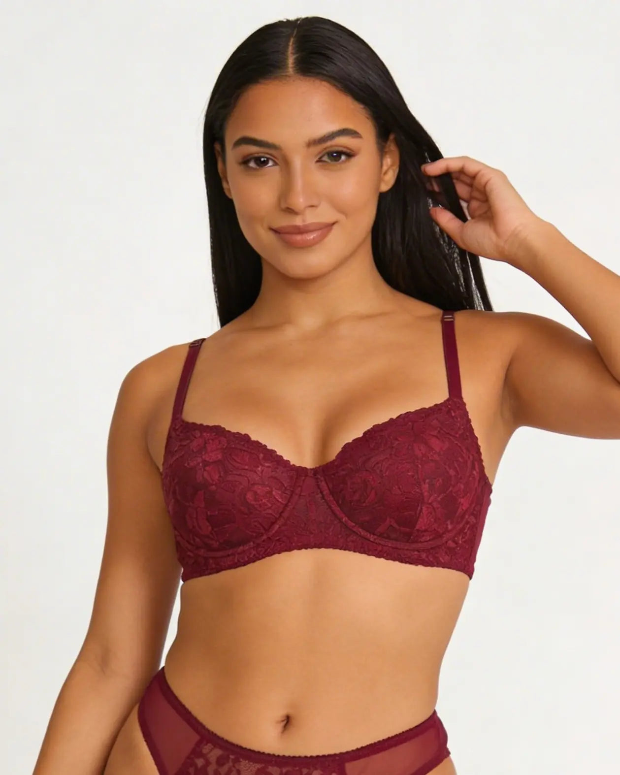 Burgundy Lace Underwire Bra, Full Coverage Push Up Bra for Women
