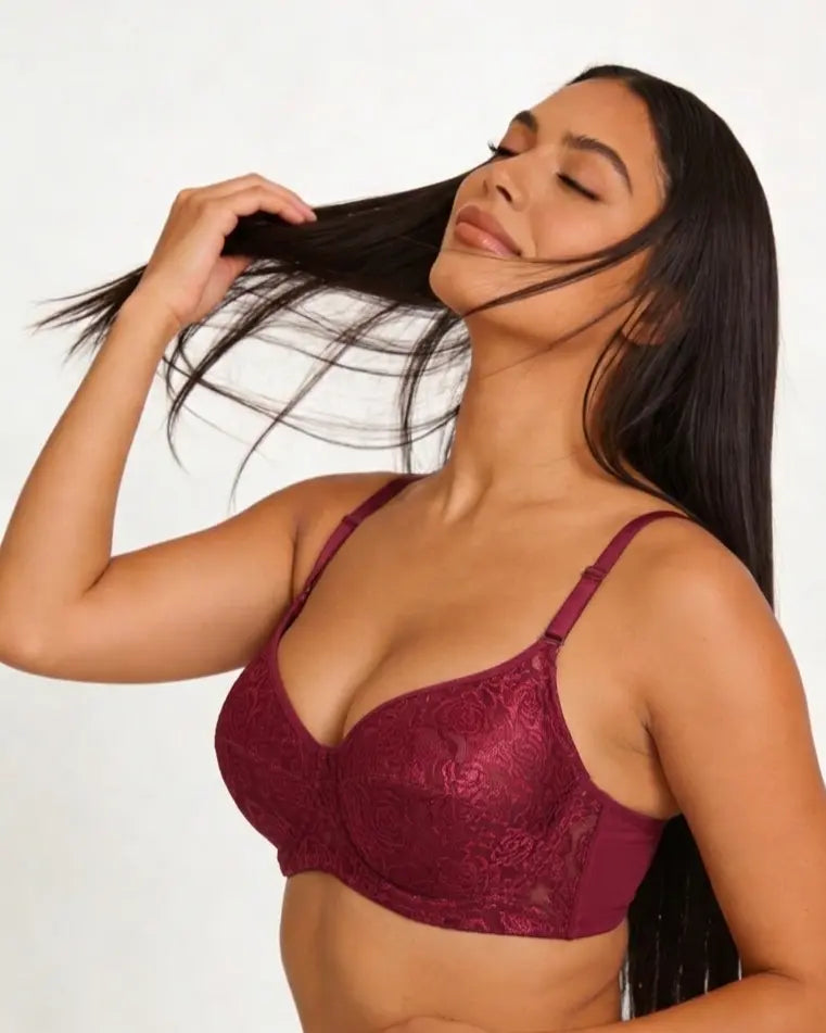 Burgundy Lace Underwire Bra, Full Coverage Push Up Bra for Women